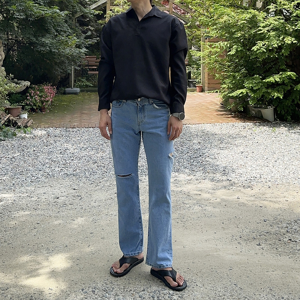 남자와이드청바지 디스트로이드진 무파진 남자 청바지 - 상세 이미지 2