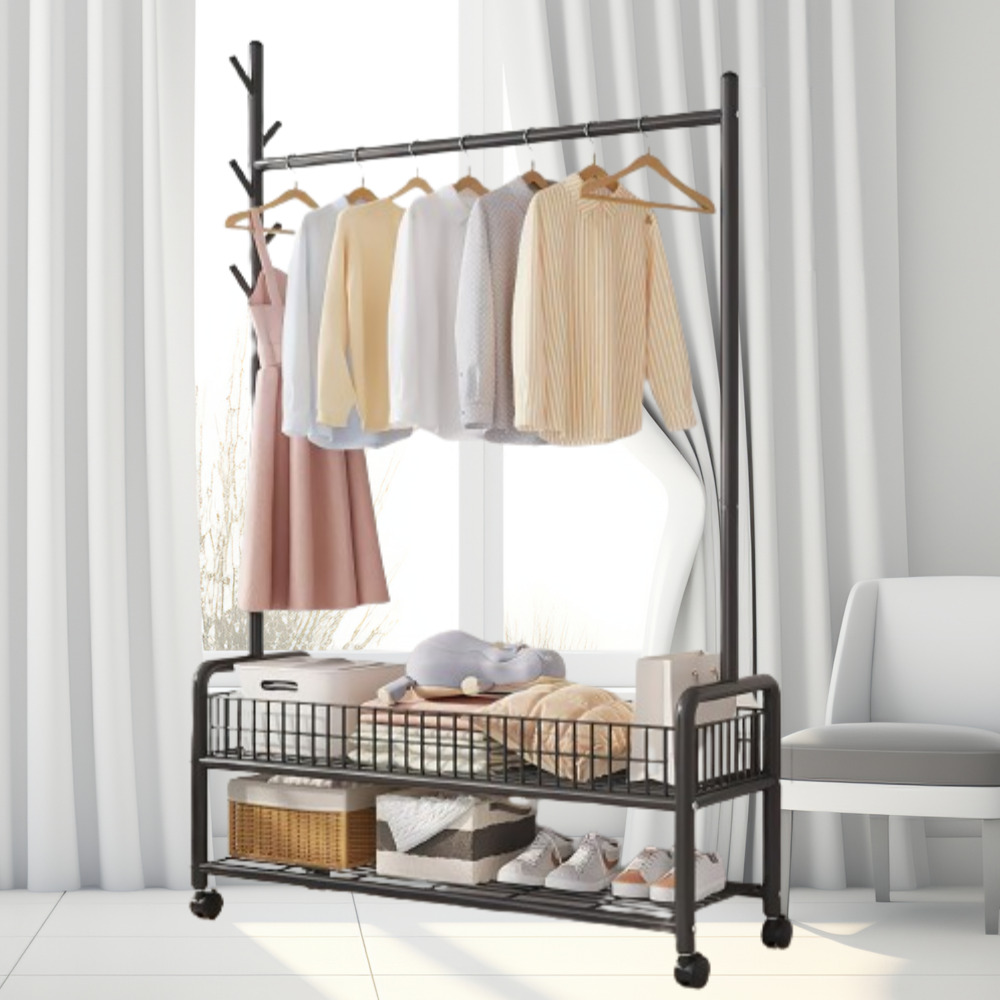 우아플레이스 철제 트롤리 이동식 행거 스탠드옷걸이 튼튼한 선반 90cm 2단