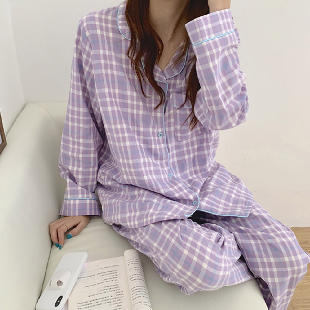 잠옷 파자마 간절기 가을 봄 여름 체크 예쁜 여성 여자 여학생 상하 세트 상하의 홈웨어 - 상품 이미지