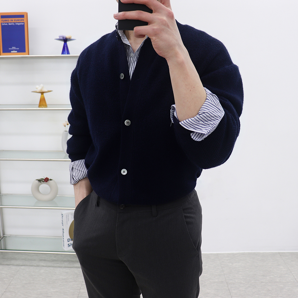 남자라운드넥가디건 남성캐시미어가디건 남자오버핏카디건 - 상세 이미지 3