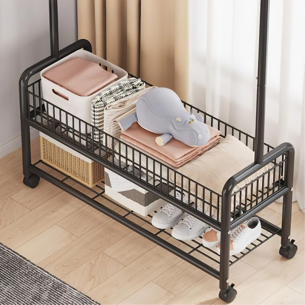 우아플레이스 철제 트롤리 이동식 행거 스탠드옷걸이 튼튼한 선반 90cm 2단