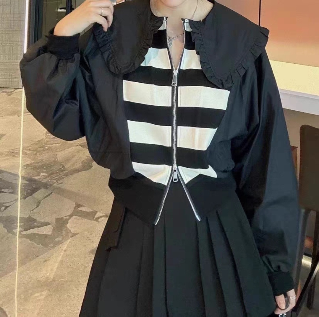 여자여자몰 빅세라카 스트라이프 지퍼 코튼 봄점퍼 가벼운 숏점퍼 면스커트코디 - 상품 이미지