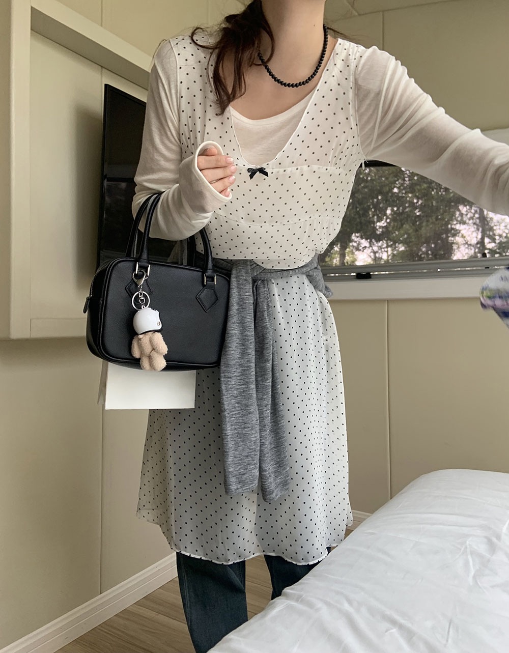 키리나 리본 도트 땡땡이 프릴 레이스 브이넥 민소매 조끼 시스루 레이어드 롱원피스