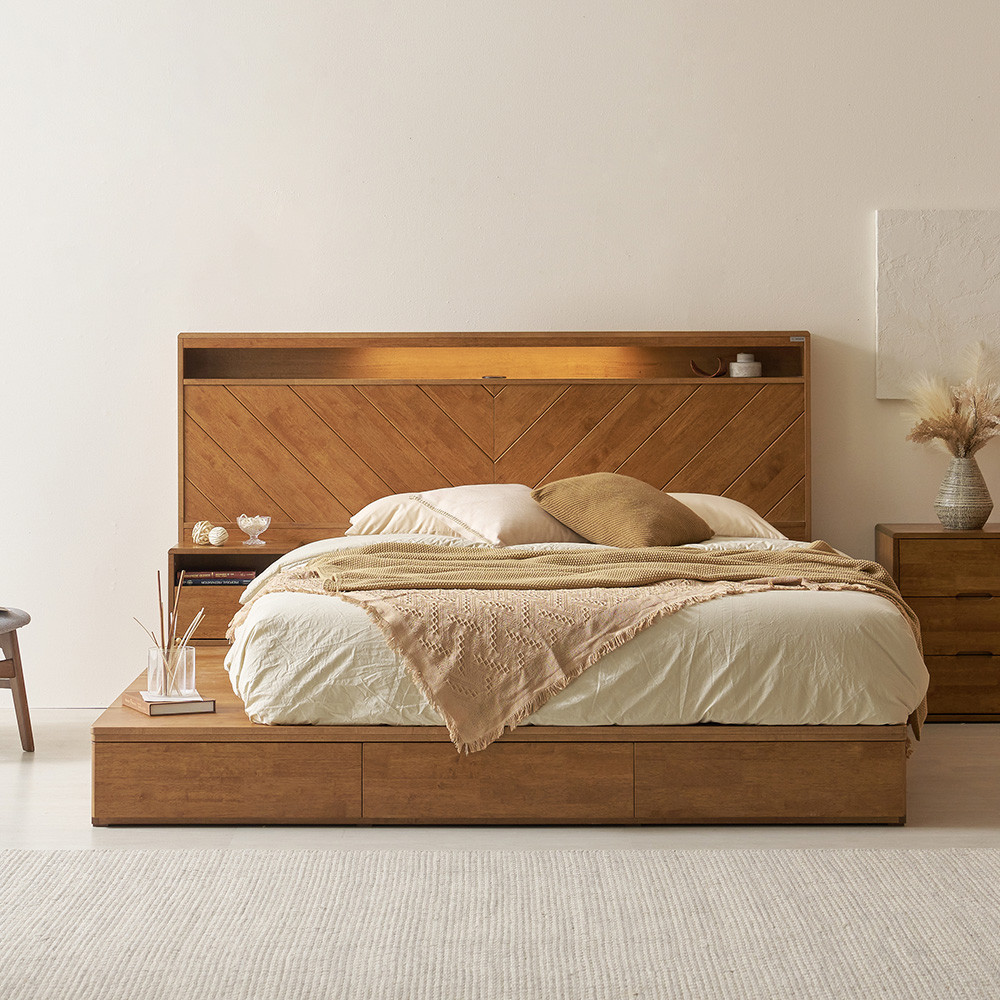 모브 조명 헤링본 원목 침대 프레임 다리형 퀸 킹 사이즈 Q/K공용