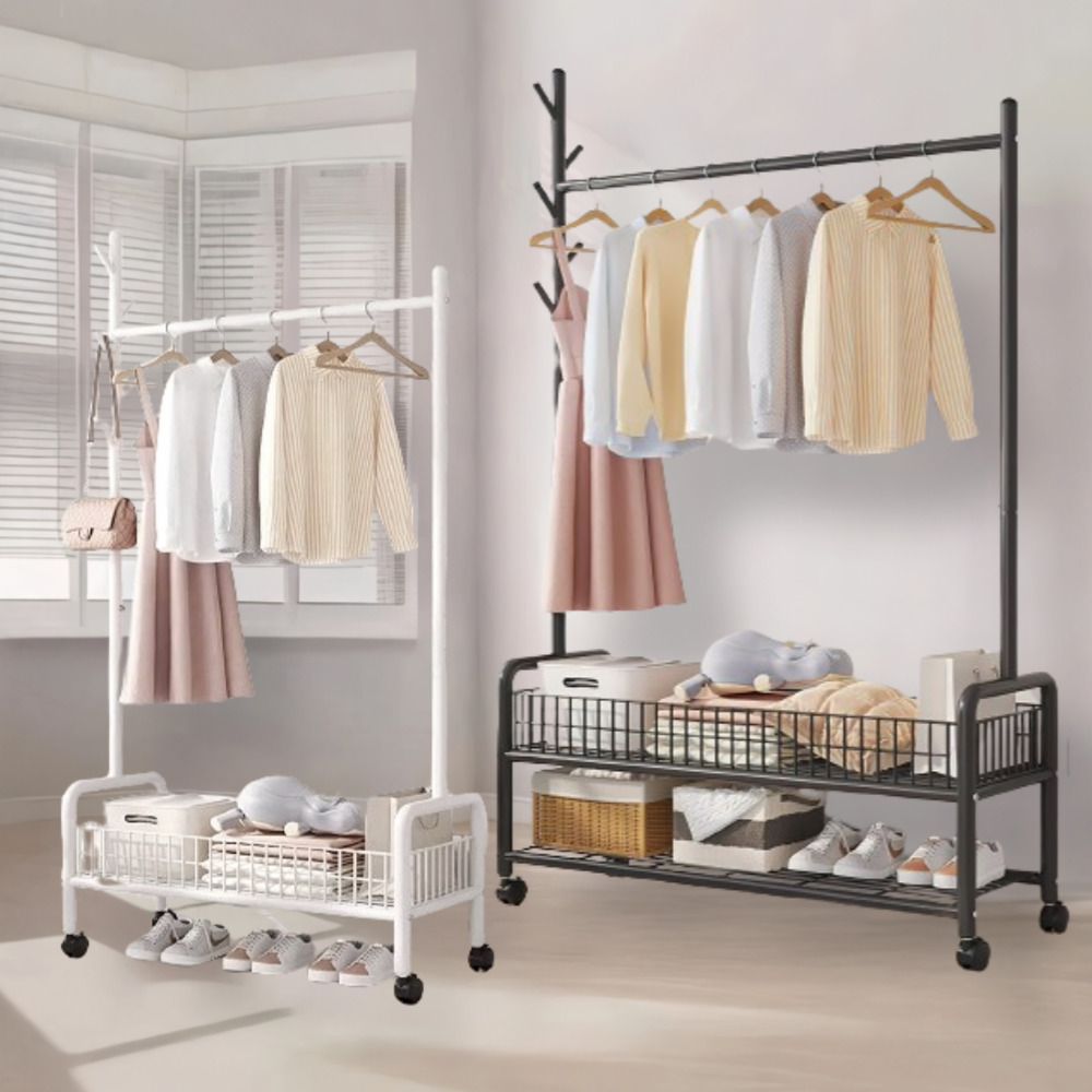 우아플레이스 철제 트롤리 이동식 행거 스탠드옷걸이 튼튼한 선반 90cm 2단