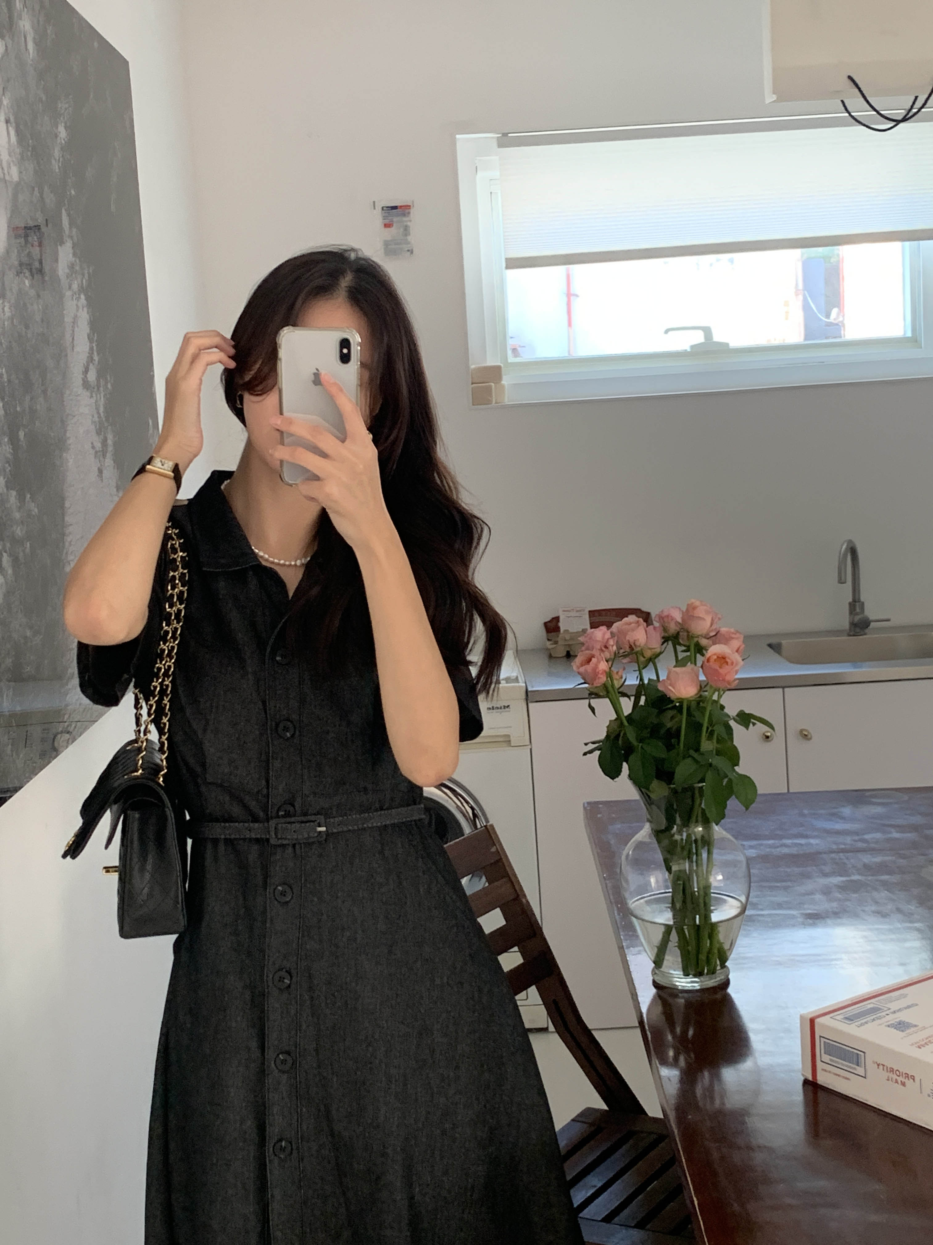 리엘 벨트SET 생지 데님 카라넥 핀턱 여자 하객룩 반팔 A라인 벨티드 플레어 롱 원피스 - 상세 이미지 2