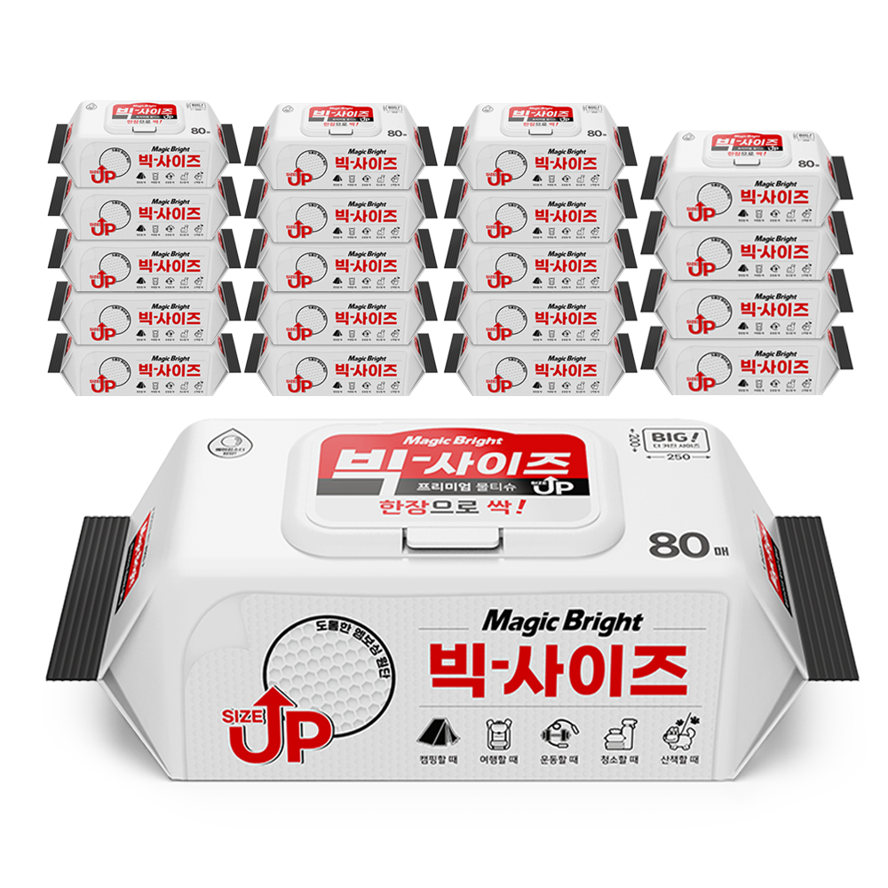 빅사이즈 물티슈 대형 도톰한 대용량 두꺼운 엠보싱 10팩 20팩 캡형 80매, 20개 - 상품 이미지