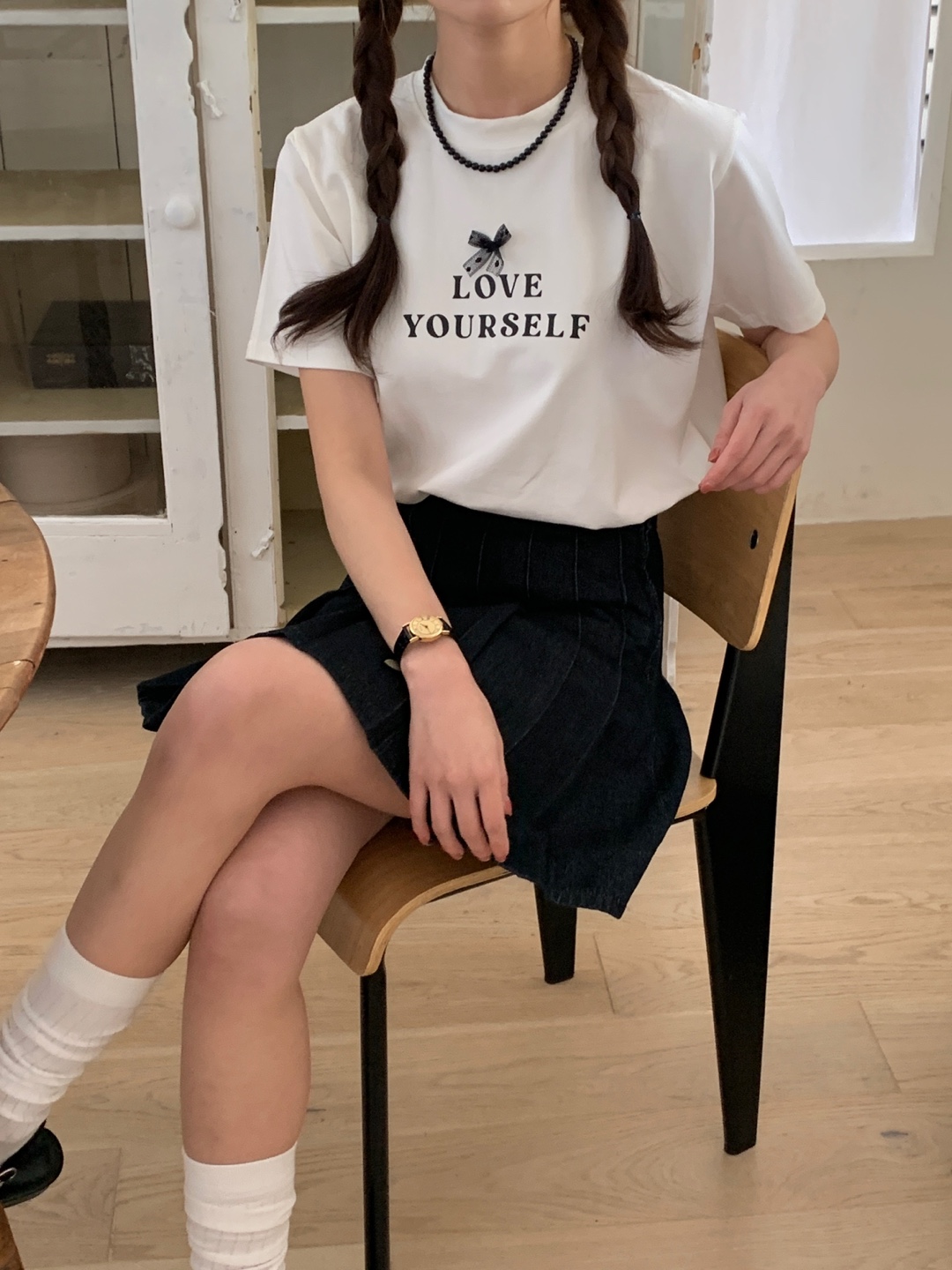 마이츄 리본 봄 레터링 영문 프린팅 레이스 포인트 나염 루즈핏 라운드넥 반팔 면 티셔츠 - 상세 이미지 2