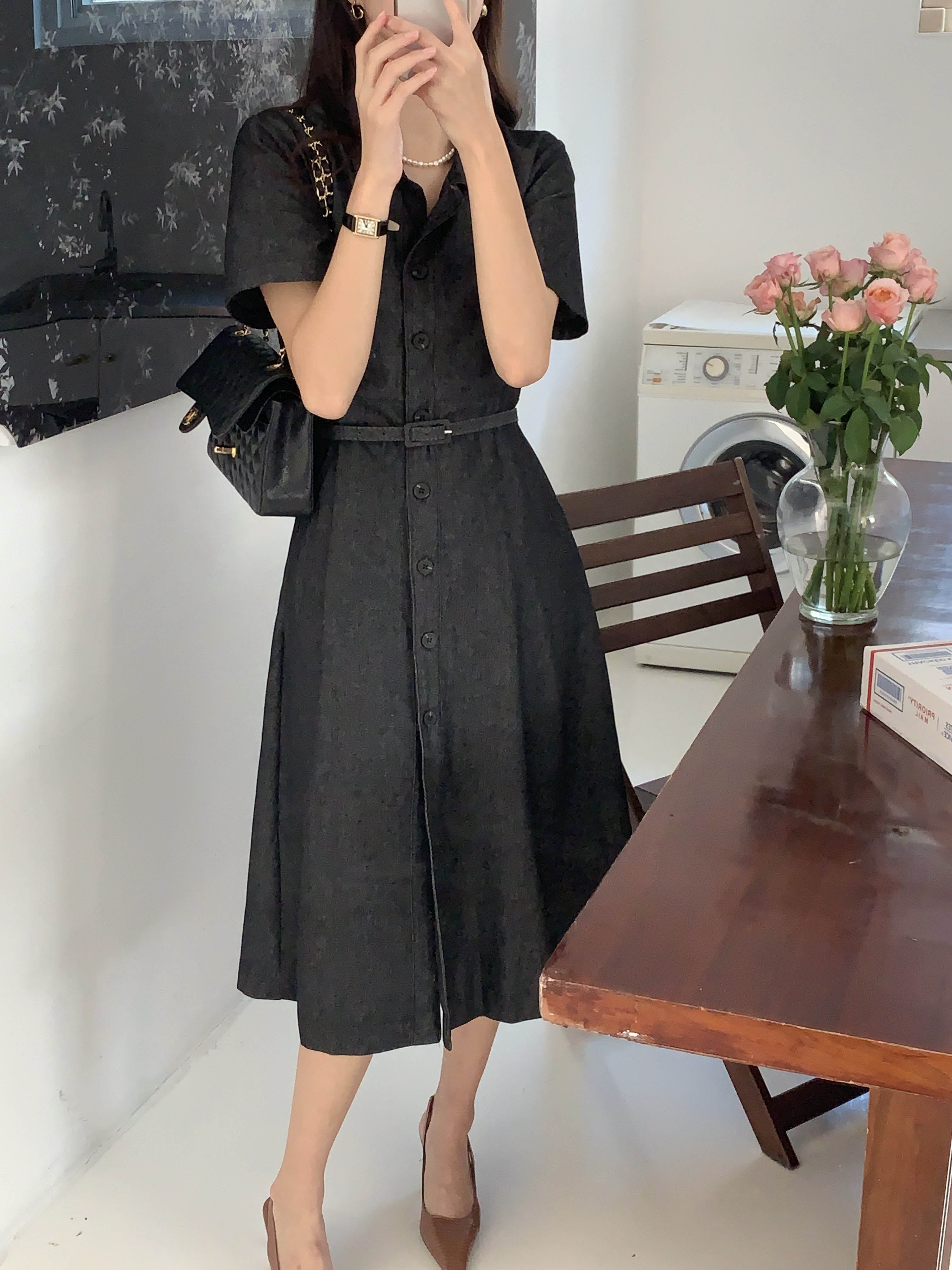 리엘 벨트SET 생지 데님 카라넥 핀턱 여자 하객룩 반팔 A라인 벨티드 플레어 롱 원피스