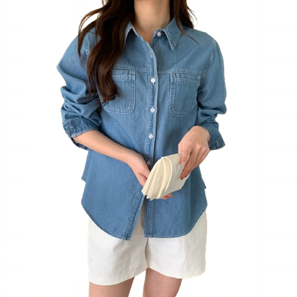 투포켓카라청남방 베이직데님셔츠 데님연청셔츠 - 메인 이미지
