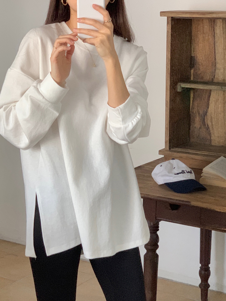 오버핏 옆트임 코튼 여성 티셔츠 롱 레이어드티 기본 가을 티셔츠 면 라운드 여자 긴팔티 - 상세 이미지 3