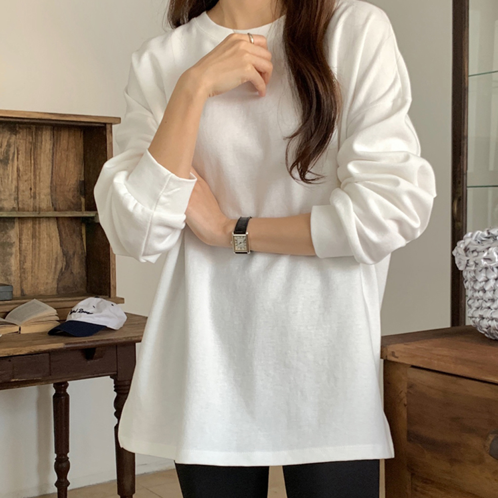 오버핏 옆트임 코튼 여성 티셔츠 롱 레이어드티 기본 가을 티셔츠 면 라운드 여자 긴팔티 - 상품 이미지