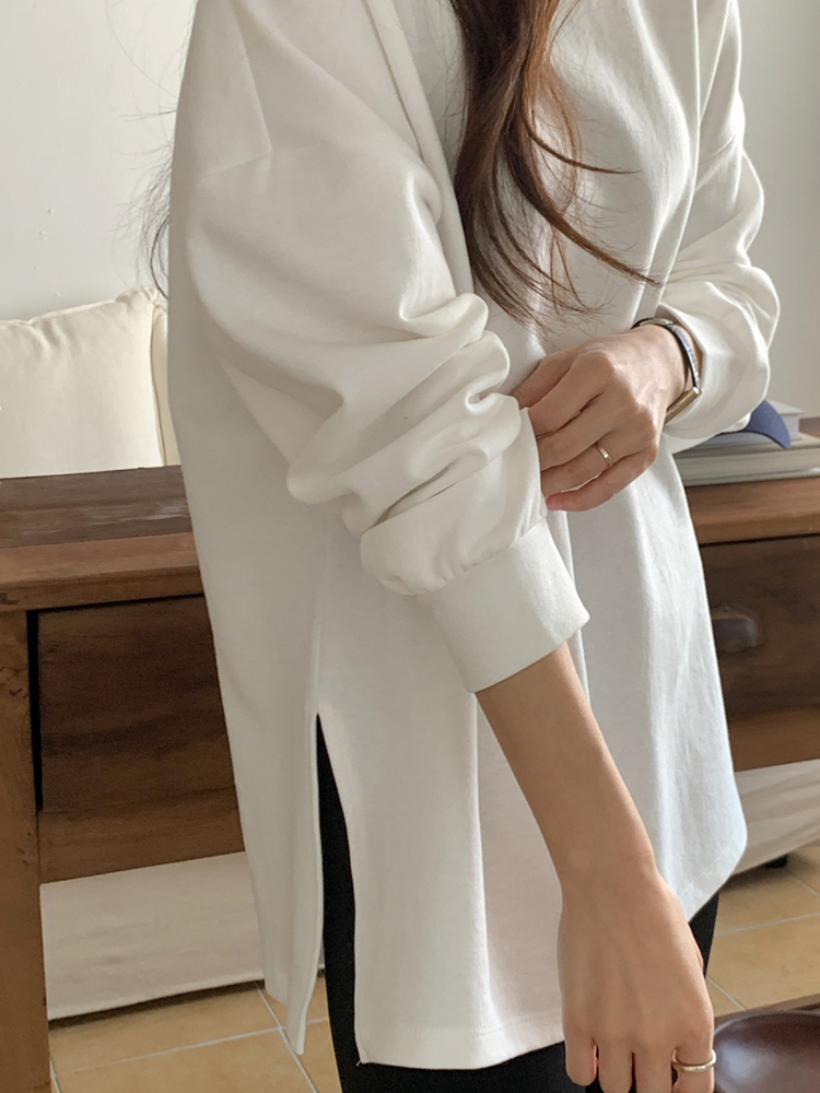 오버핏 옆트임 코튼 여성 티셔츠 롱 레이어드티 기본 가을 티셔츠 면 라운드 여자 긴팔티 - 상세 이미지 4