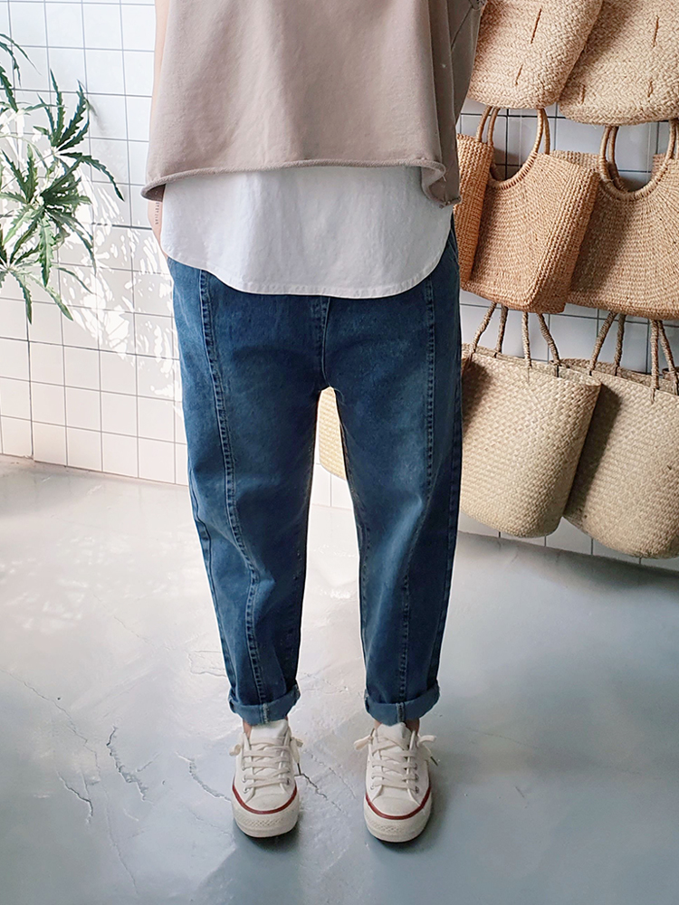 핀턱 청 세미 배기바지 - 상품 이미지