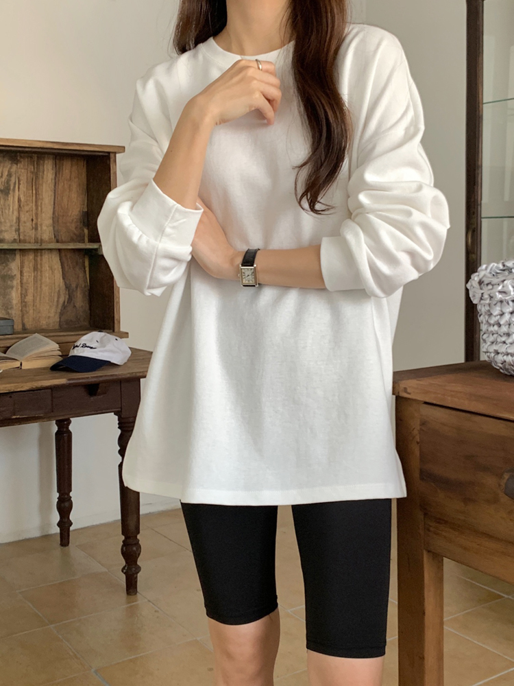 오버핏 옆트임 코튼 여성 티셔츠 롱 레이어드티 기본 가을 티셔츠 면 라운드 여자 긴팔티 - 상세 이미지 5