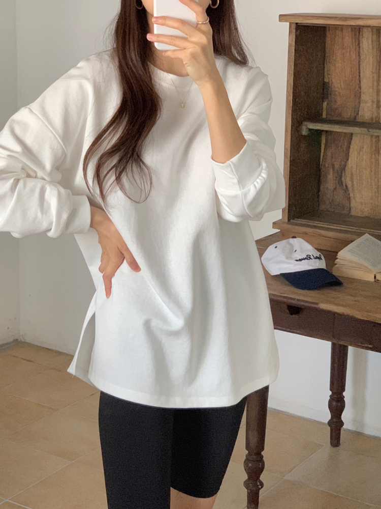오버핏 옆트임 코튼 여성 티셔츠 롱 레이어드티 기본 가을 티셔츠 면 라운드 여자 긴팔티 - 상세 이미지 2