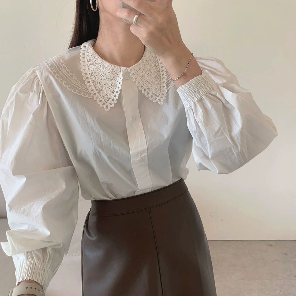 언발카라 펀칭 레이스손목스모크밴드 코튼긴팔블라우스 간절기 심플 면블라우스 여자여자몰 - 상세 이미지 5