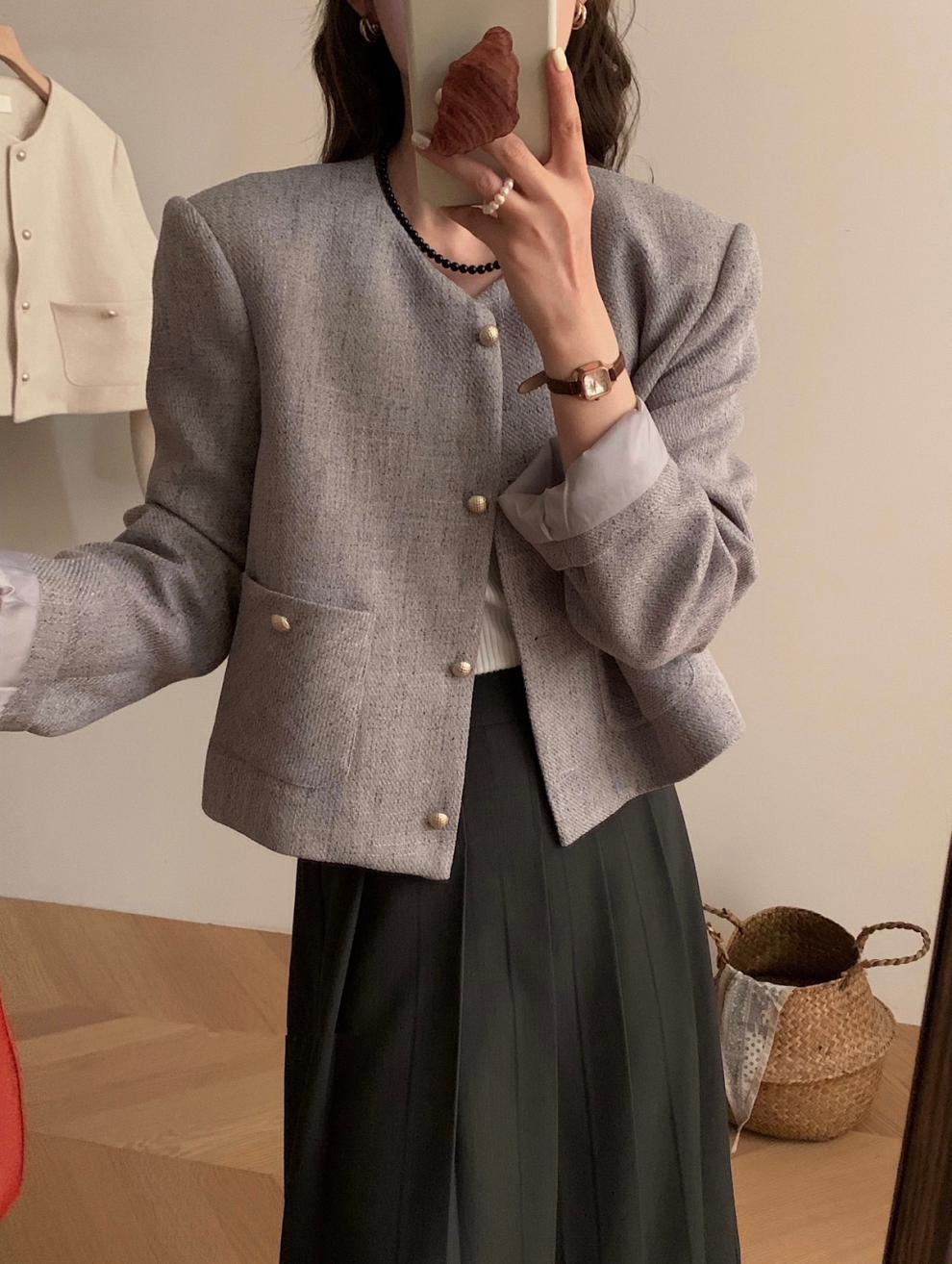여자여자몰 기본이진리 시크 노카라 무지 트위드자켓 봄 클래식숏자켓 올드머니룩 톤다운컬러 - 상세 이미지 3