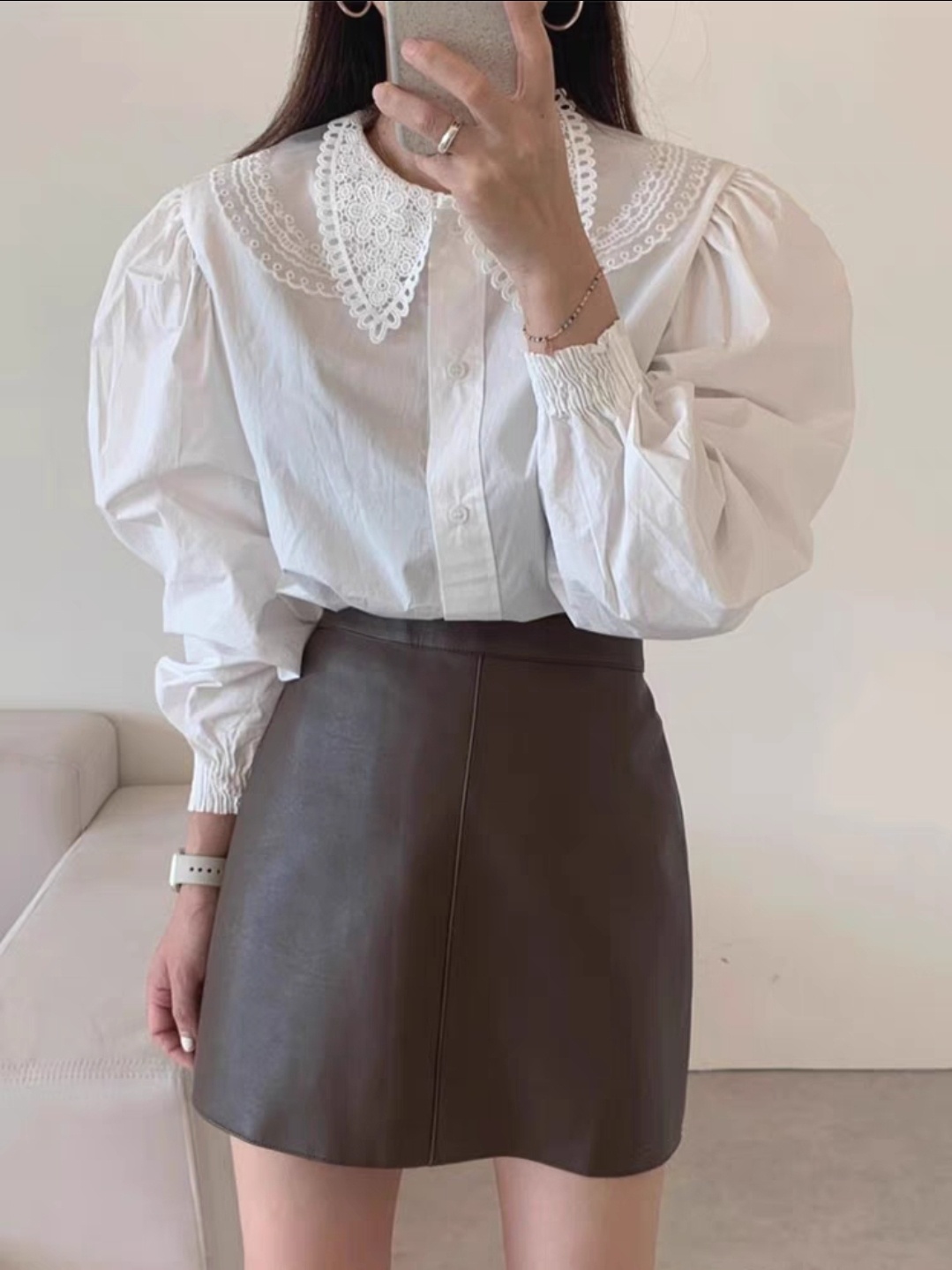 언발카라 펀칭 레이스손목스모크밴드 코튼긴팔블라우스 간절기 심플 면블라우스 여자여자몰 - 상세 이미지 4