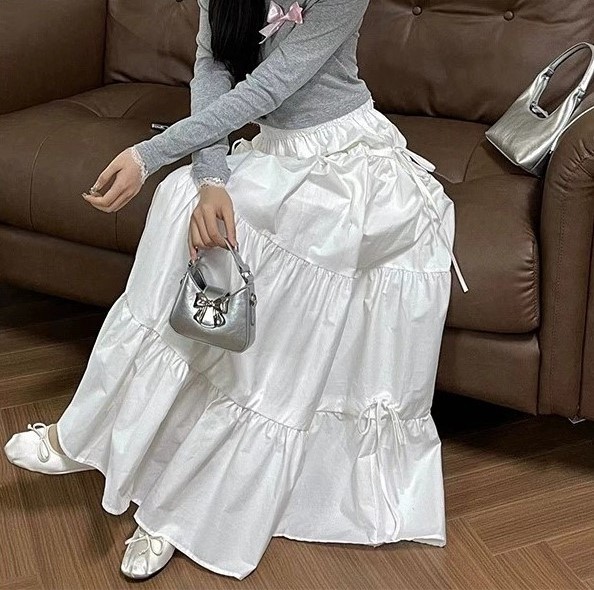 여자여자몰 청순가련 리본매듭 셔링 코튼 맥시캉캉스커트 키큰녀 벌룬 플레어롱스커트 - 상세 이미지 3