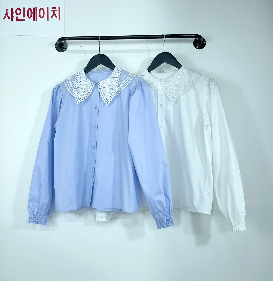 언발카라 펀칭 레이스손목스모크밴드 코튼긴팔블라우스 간절기 심플 면블라우스 여자여자몰 이미지 8