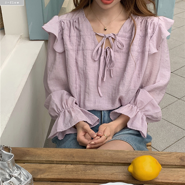 베르떼 프릴 브이넥 리본 매듭 루즈핏 블라우스 2col 가을 봄 소매밴딩 쉬폰 제이플로우 이미지 6