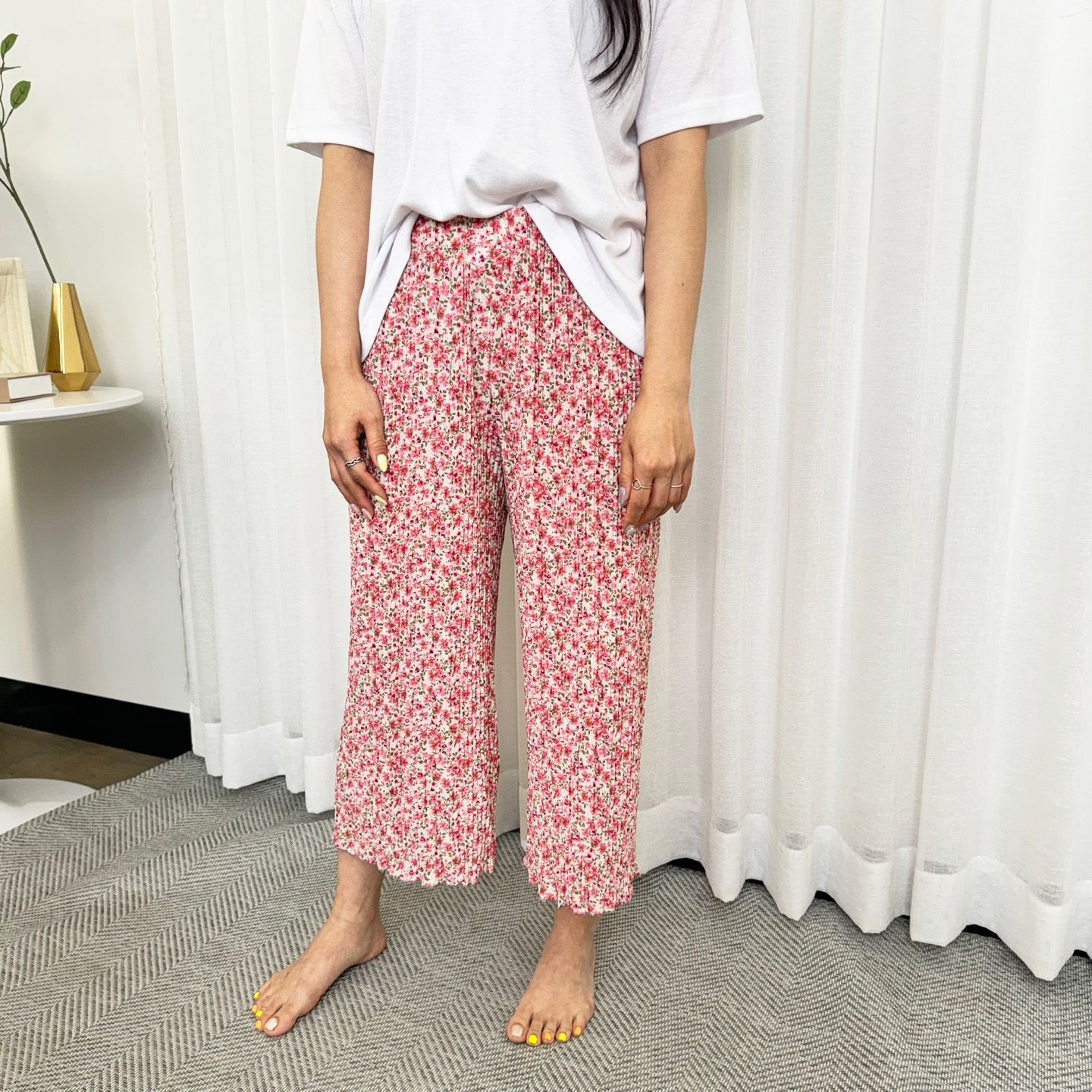 (1+1무배)꽃 스판 밴딩 8부 9부 플라워 냉장고 플리츠바지 몸빼 촌캉스 와이드 주름 통팬츠 - 상세 이미지 4