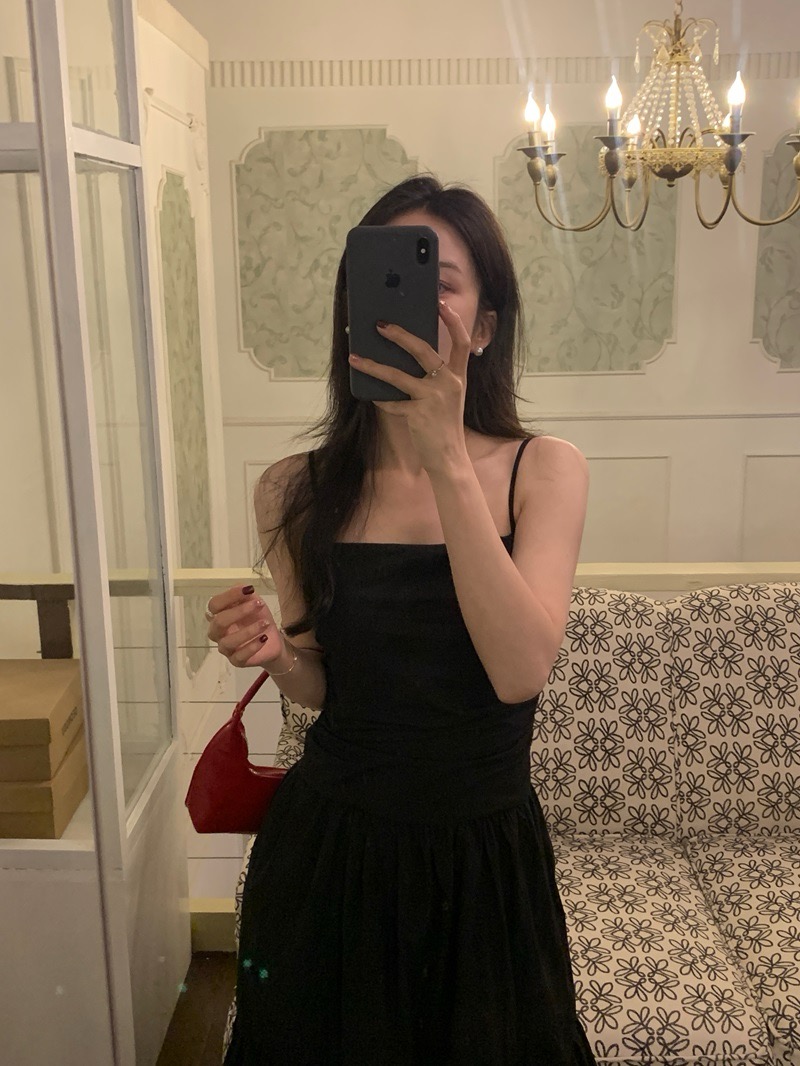 바비 스퀘어넥 뷔스티에 셔링 나시 민소매 플레어 A라인 캉캉 맥시 코튼 롱 원피스 - 상세 이미지 3