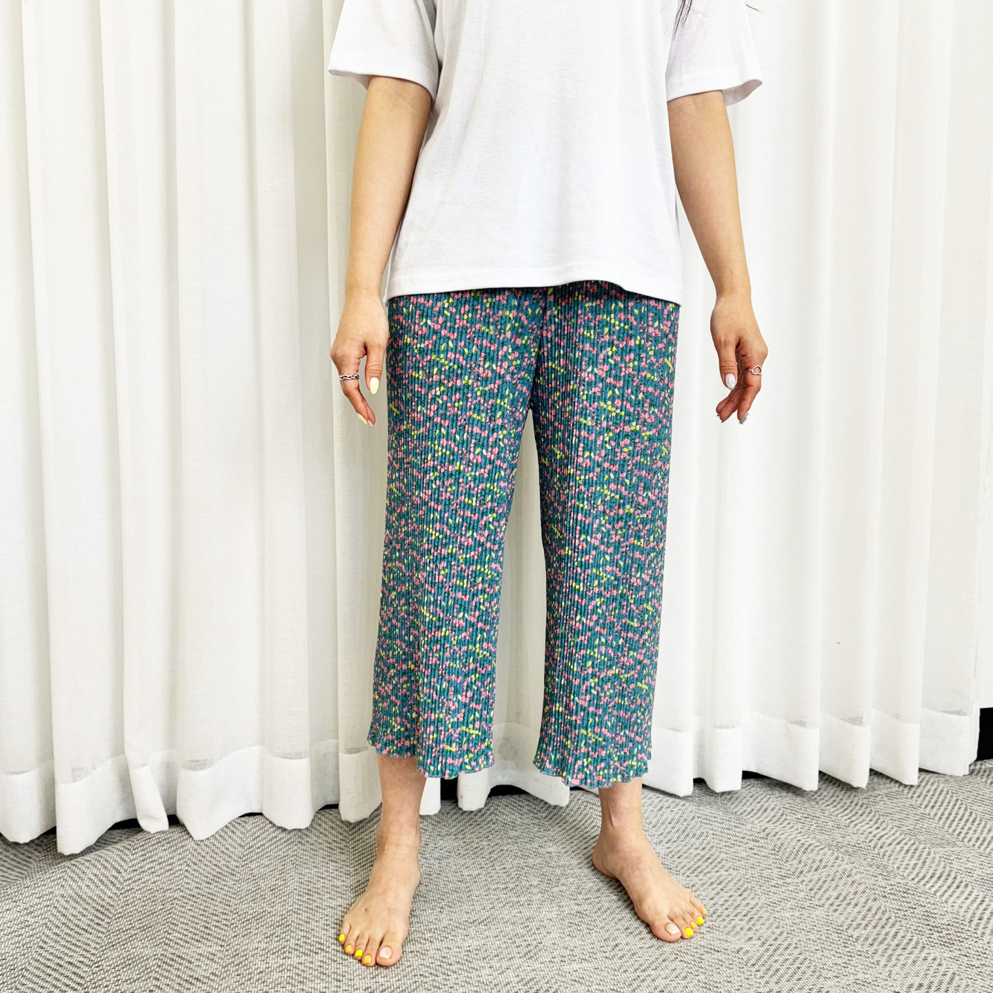 (1+1무배)꽃 스판 밴딩 8부 9부 플라워 냉장고 플리츠바지 몸빼 촌캉스 와이드 주름 통팬츠 - 상세 이미지 5