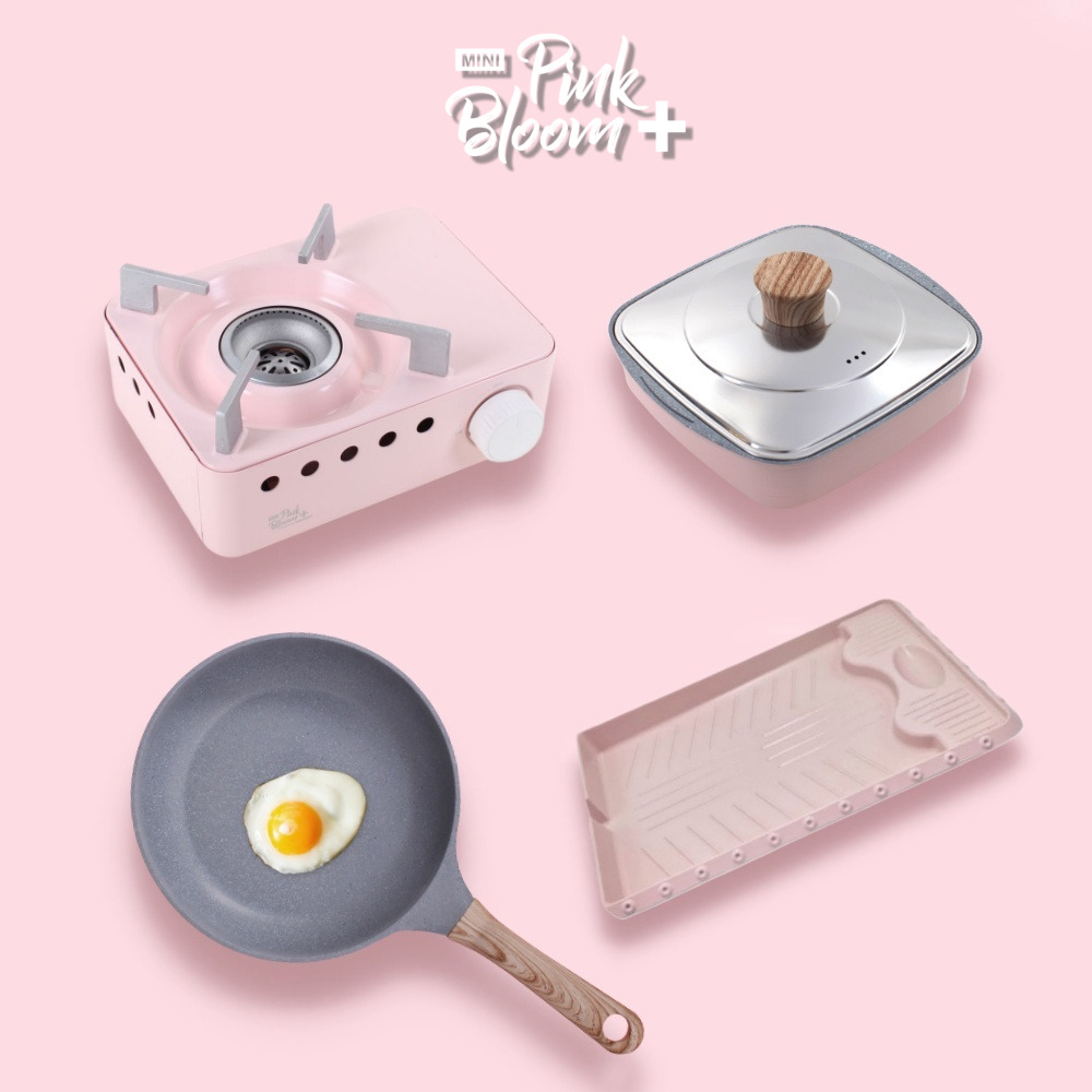 휴대용 가스버너 미니 캠핑버너 썬터치 핑크 냄비 불판 후라이팬 브루스타 4종세트