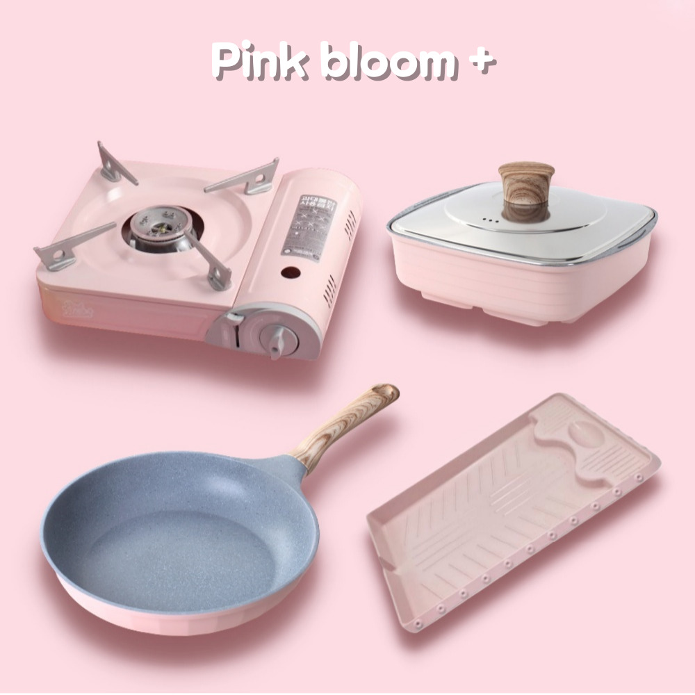 핑크 휴대용 가스버너 캠핑 버너 썬터치 브루스타 냄비 불판 후라이팬 4종 세트