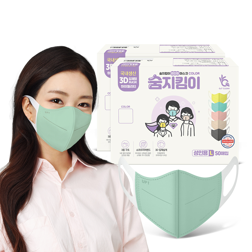 [숨지킴이] 성인용 민트 100매 국내생산 새부리형 일회용 마스크 - 상품 이미지