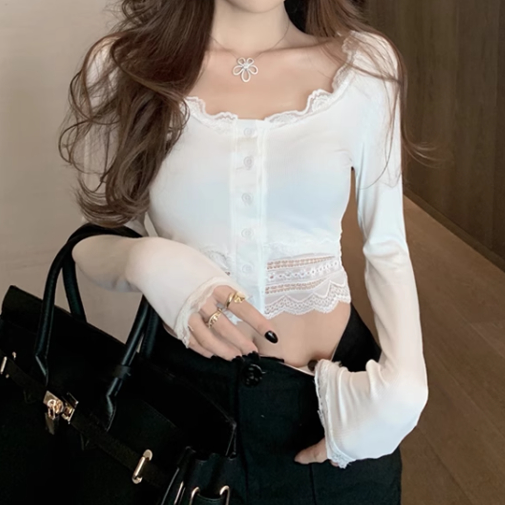 여성흰티 쫄티 배꼽 시스루 레이스 크롭 골지 이너 티 - 상세 이미지 4