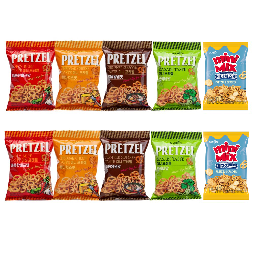 미니 프레첼 매콤한비프맛 70g x 2p + 와사비맛 70g x 2p + 볶음양념맛 70g x 2p+ 체다치즈맛 70g x 2p + 미니믹스 체다치즈맛 65g x 2p 세트 - 상품 이미지