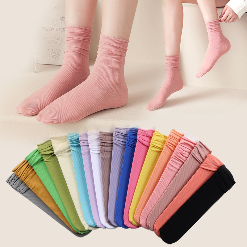 면 시스루양말 중목장목 가을 스타킹여성골지 학생무지 무압박 루즈삭스 긴목양말 - 상세 이미지 4