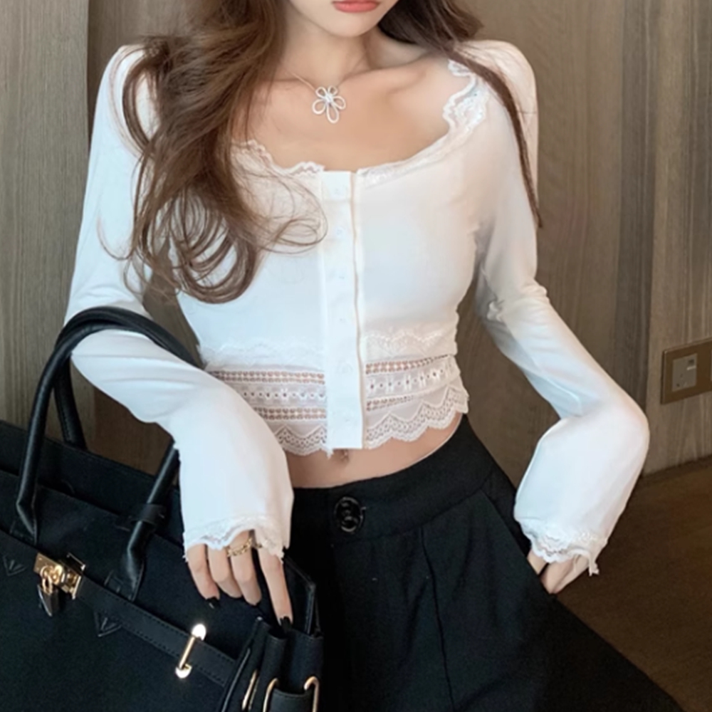 여성흰티 쫄티 배꼽 시스루 레이스 크롭 골지 이너 티 - 상세 이미지 2