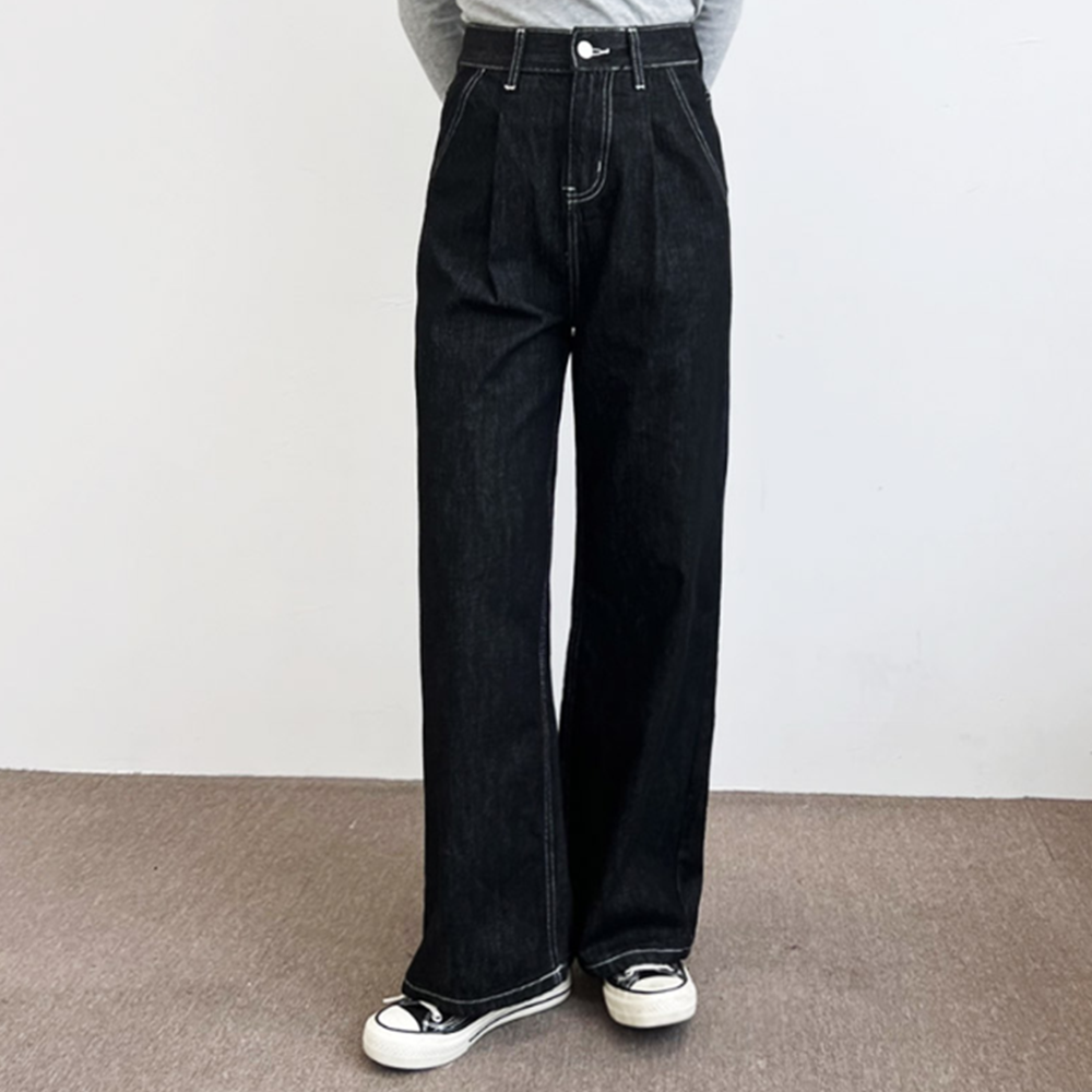 여자흑청바지 블랙진 여성 핀턱와이드 논페이드 데님 - 상세 이미지 3