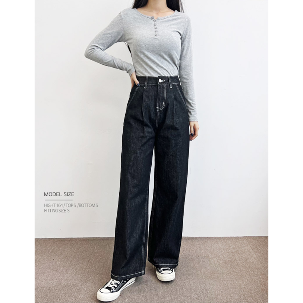 여자흑청바지 블랙진 여성 핀턱와이드 논페이드 데님 - 상세 이미지 4