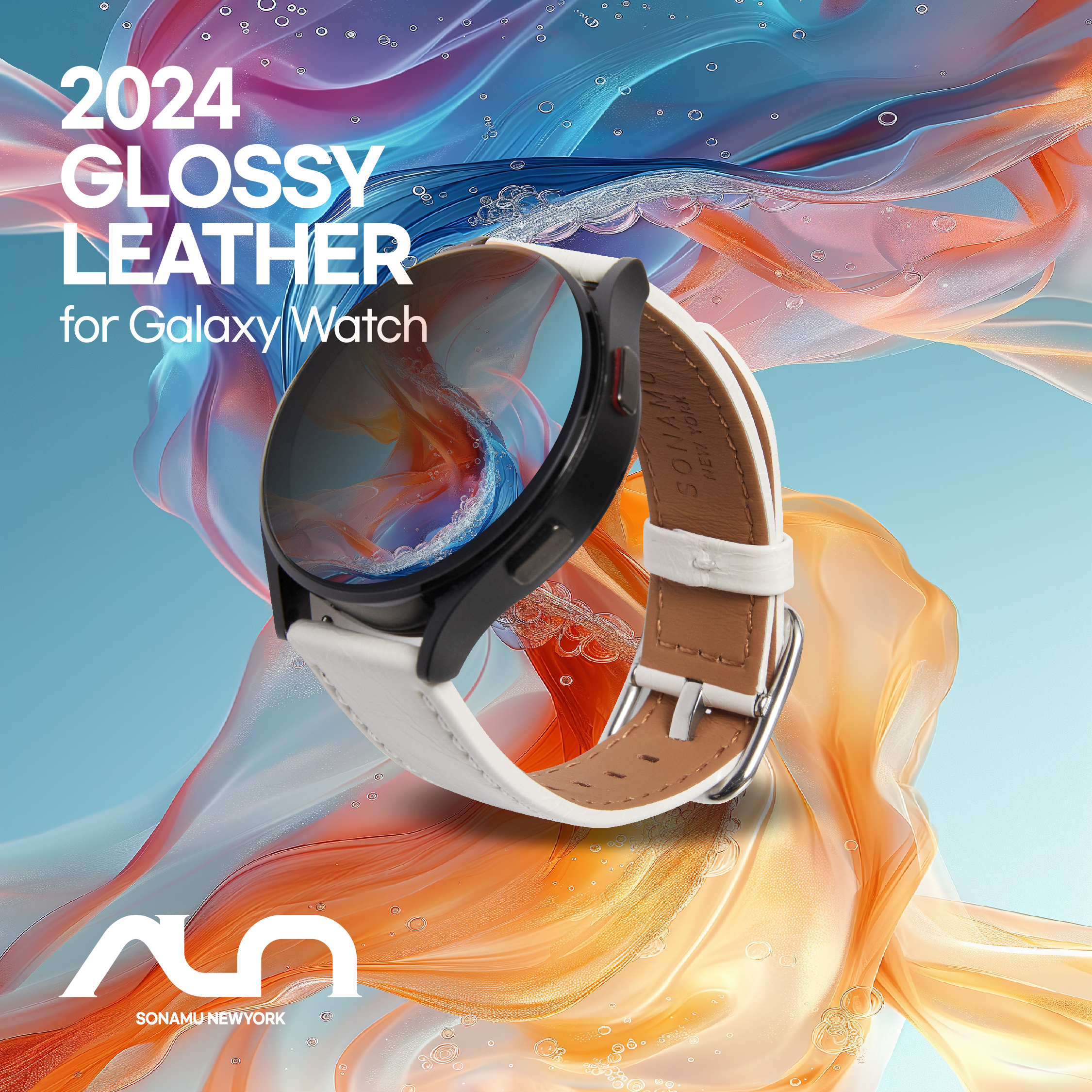 소나무뉴욕 갤럭시워치7 외 20mm 호환 가죽 밴드 스트랩 시계줄 / 글로시 가죽+스퀘어버클