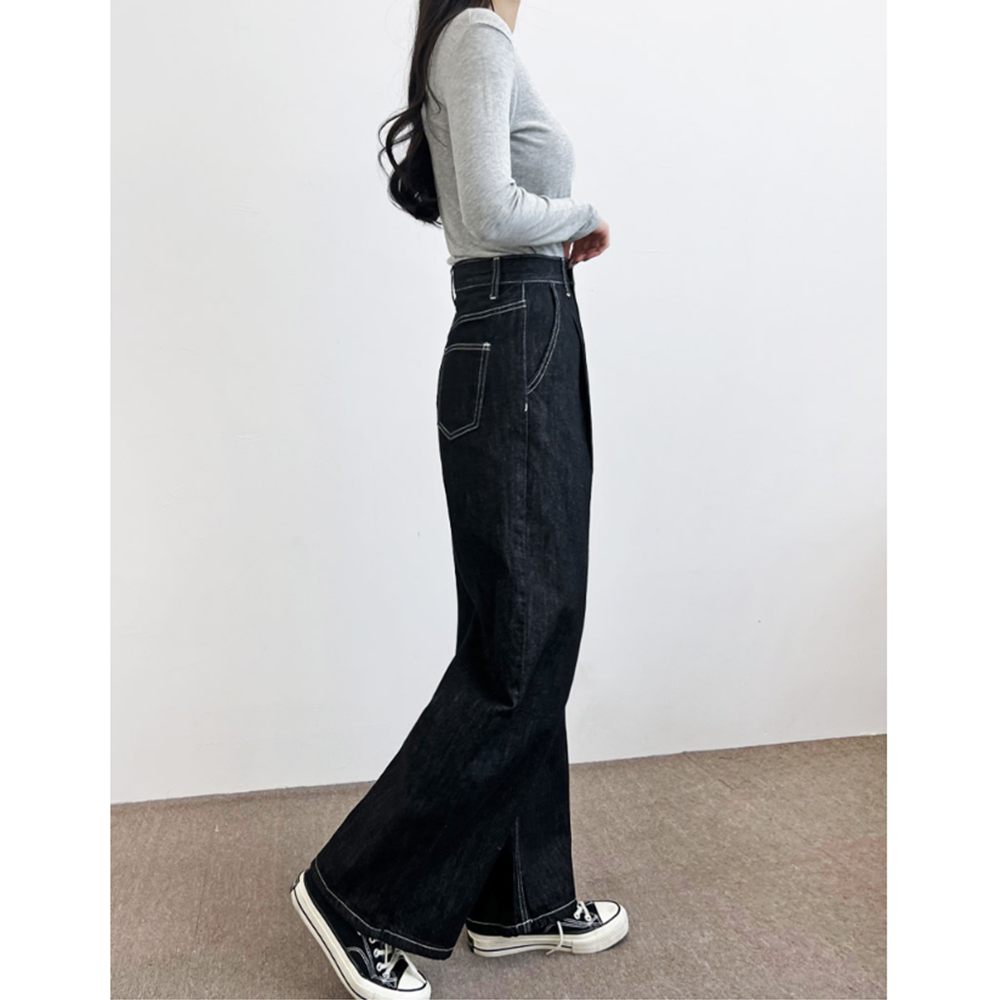 여자흑청바지 블랙진 여성 핀턱와이드 논페이드 데님 - 상세 이미지 5