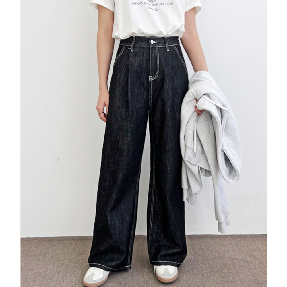 여자흑청바지 블랙진 여성 핀턱와이드 논페이드 데님 - 상품 이미지