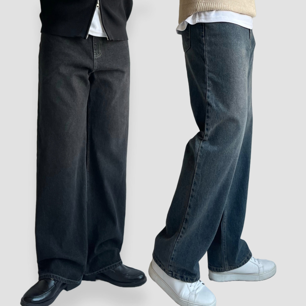 남자세미와이드청바지 남자진청바지 남자흑청 샌드워싱 남자통청바지 - 상품 이미지