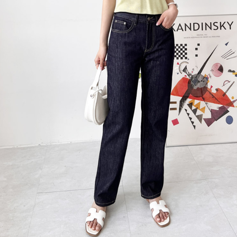 여자흑청바지 생지 일자 데님 논페이드 스트레이트 블랙진 - 상품 이미지