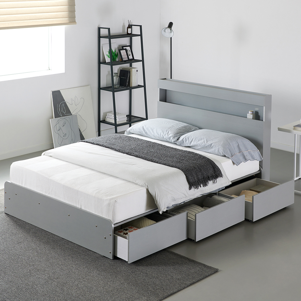 수납 LED 3단 서랍형 더블 침대 프레임 D 매트리스 포함