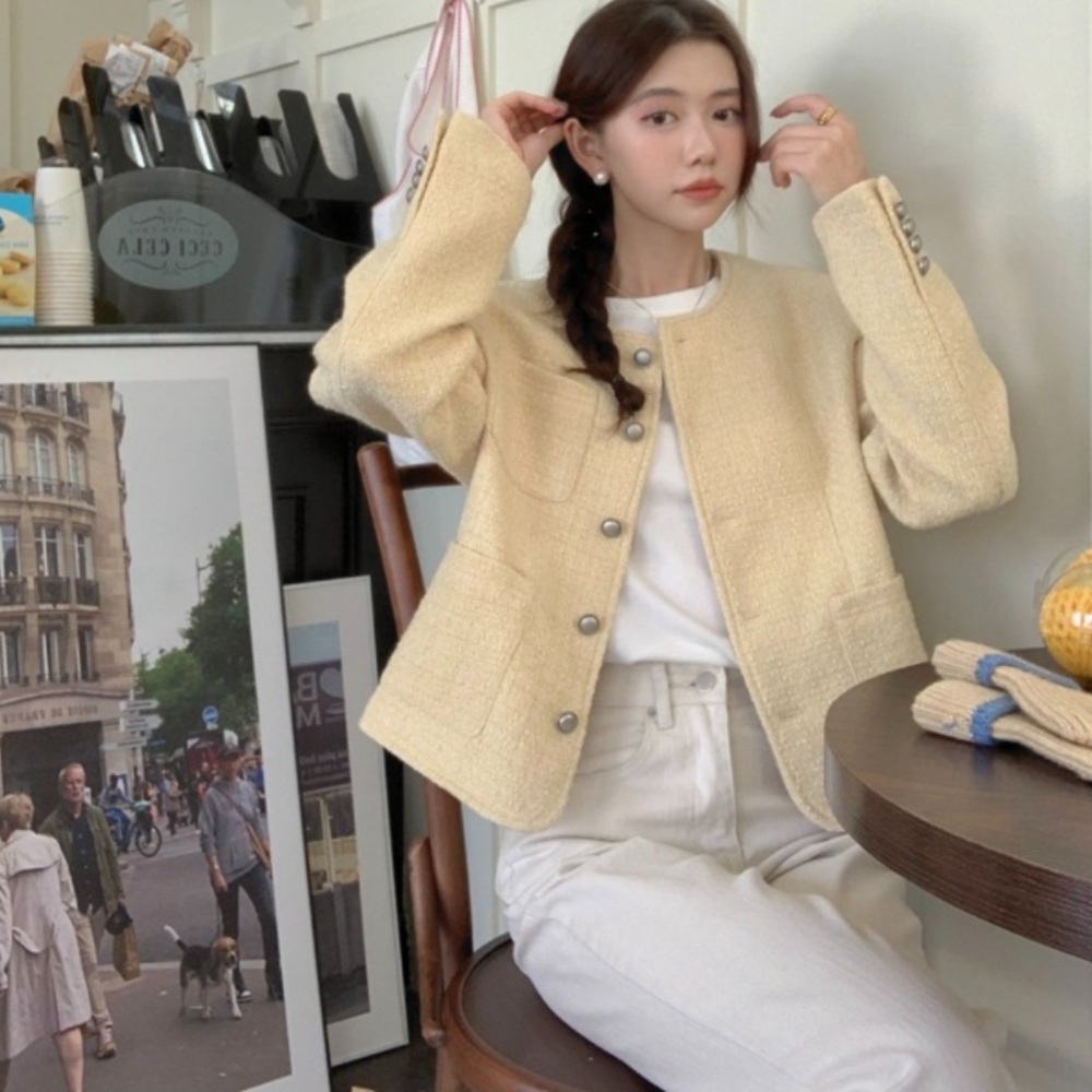 노카라 은장 단추 파스텔 옐로우 퍼플 트위드 자켓 봄가을 하객룩 패션 - 상품 이미지