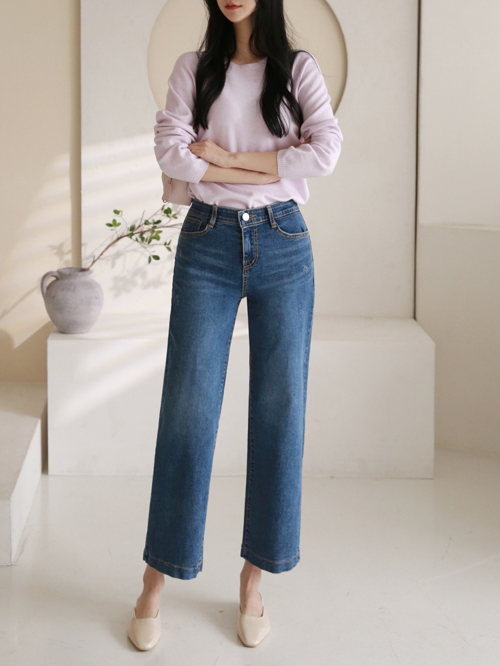 키작녀청바지 세미와이드청바지 하이웨스트 히든밴딩 9부 데님 팬츠 - 상세 이미지 5