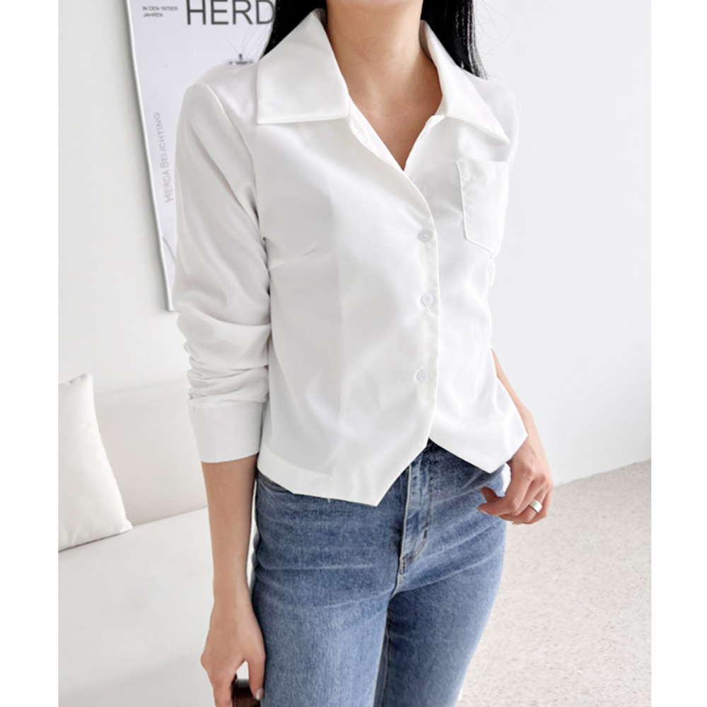 여성흰블라우스 증명사진 하얀 셔츠 크롭 빅카라 블라우스 - 상세 이미지 2