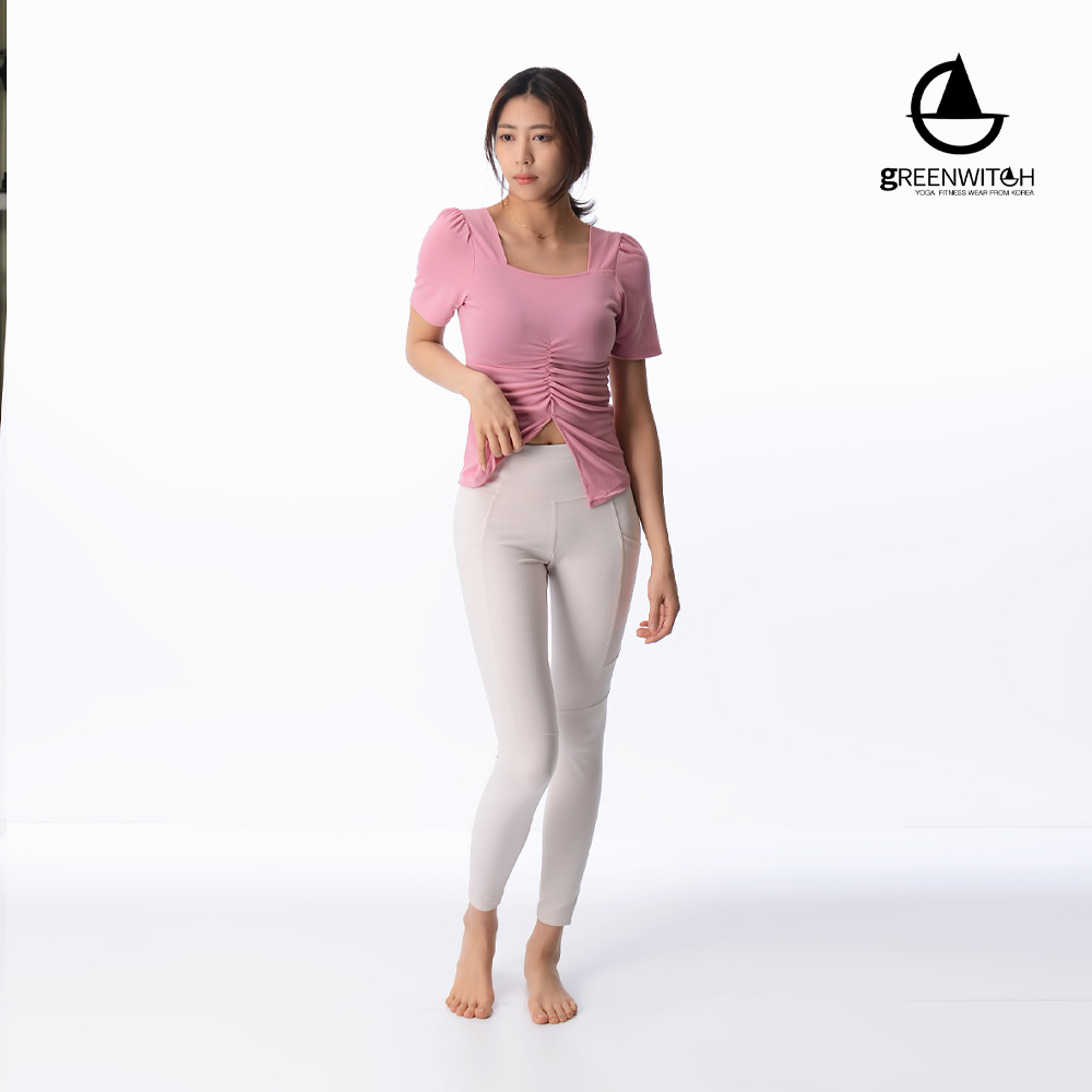 그린위치 딥스퀘어 티셔츠 퍼프소매탑 필라테스 셔링티 요가복 - 상세 이미지 4