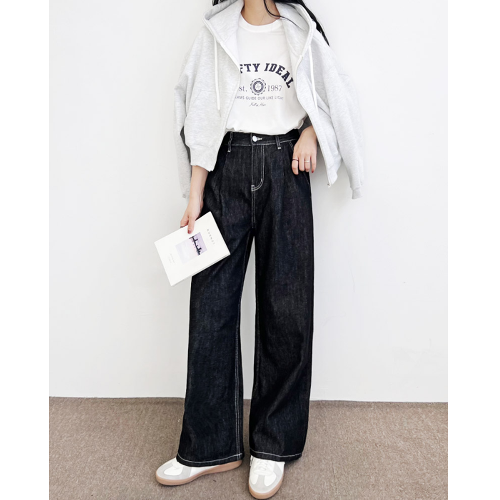 여자흑청바지 블랙진 여성 핀턱와이드 논페이드 데님 - 상세 이미지 2
