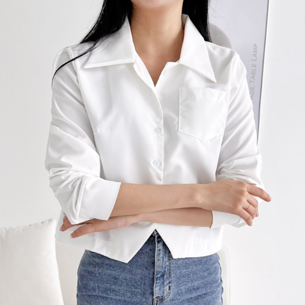 여성흰블라우스 증명사진 하얀 셔츠 크롭 빅카라 블라우스 - 상세 이미지 3